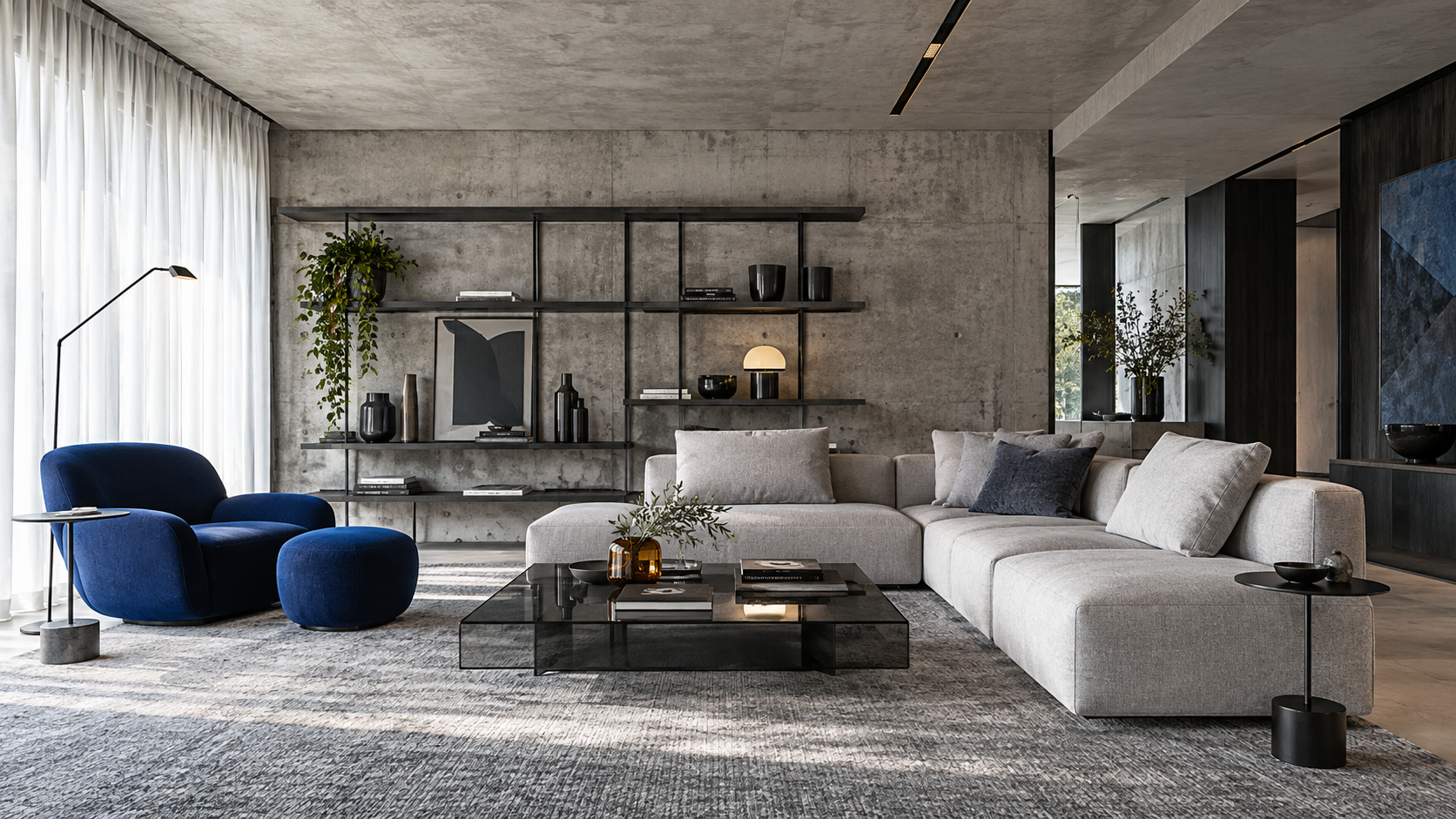 Interior contemporâneo com concreto e detalhes em azul